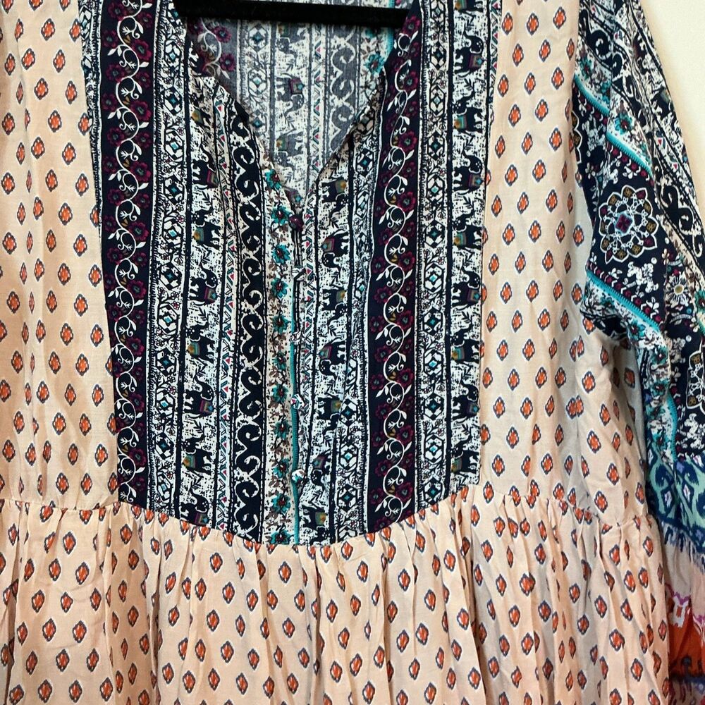 Reborn J Dress Womens 1XL Geometric Boho Vneck 3/4 Bell Sleeve Midi Multicolor - Picture 2 of 9